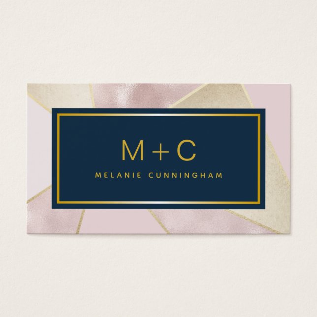 Blush Navy Blue Colour Block Monogram Business Car (Front)