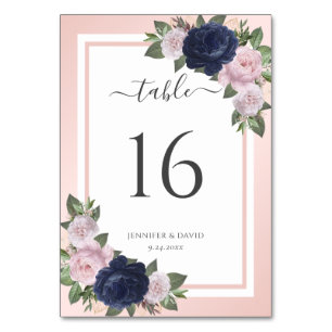 Blush Navy Blue Floral Wedding Table Number
