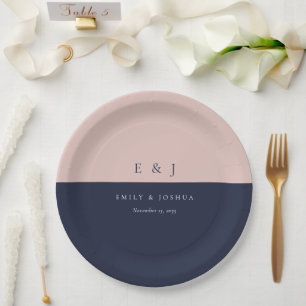 Blush Navy Blue Modern Wedding Paper Plate