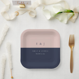 Blush Navy Blue Modern Wedding Paper Plate