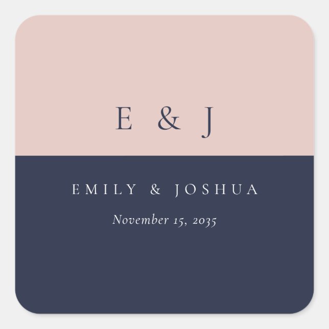 Blush Navy Blue Modern Wedding Square Sticker (Front)