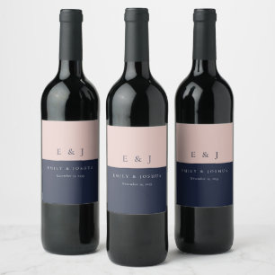 Blush Navy Blue Modern Wedding Wine Label