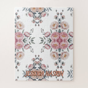Blush Navy Blue Soft Pastel Pink Floral Jigsaw Puzzle