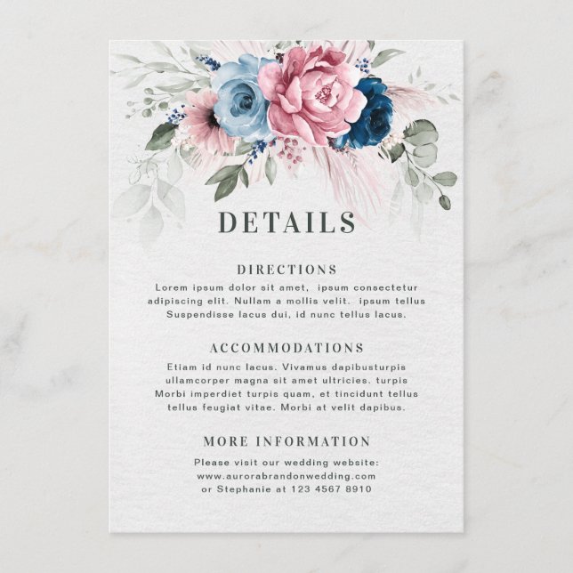 Blush Navy Blue Soft Pastel Pink Floral Wedding Enclosure Card (Front)