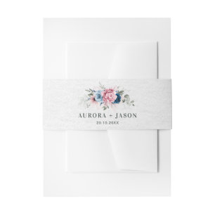 Blush Navy Blue Soft Pastel Pink Floral Wedding Invitation Belly Band