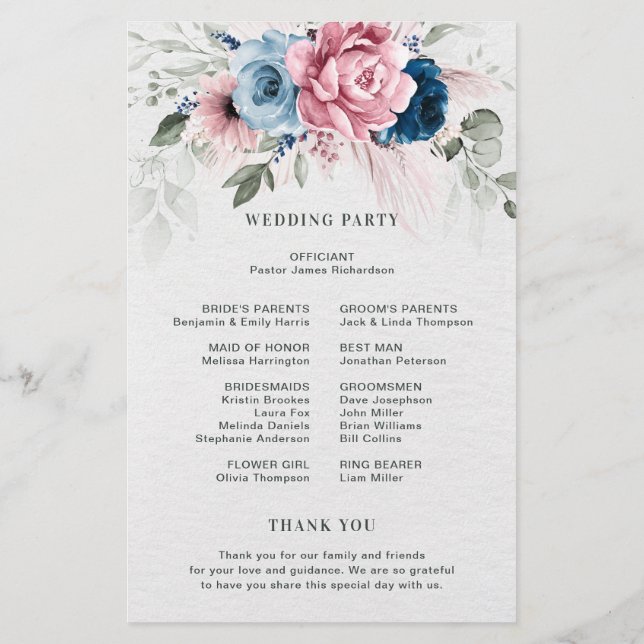 Blush Navy Blue Soft Pastel Pink Wedding Programme (Dos)