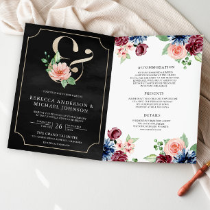 Blush Navy Burgundy Floral Black QR Code Wedding Invitation