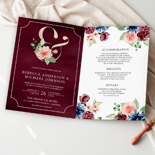Blush Navy Burgundy Floral Marsala QR Code Wedding Invitation