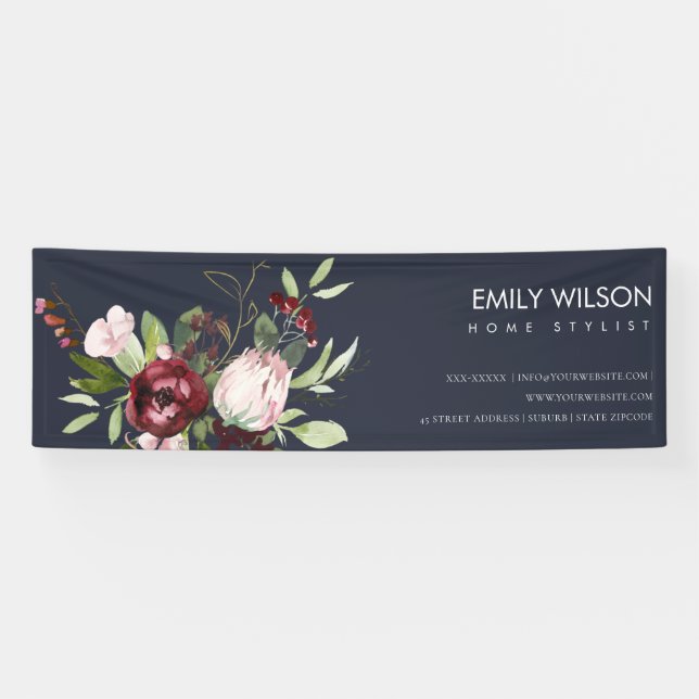BLUSH NAVY BURGUNDY PROTEA FLORAL BUSINESS BANNER (Horizontal)