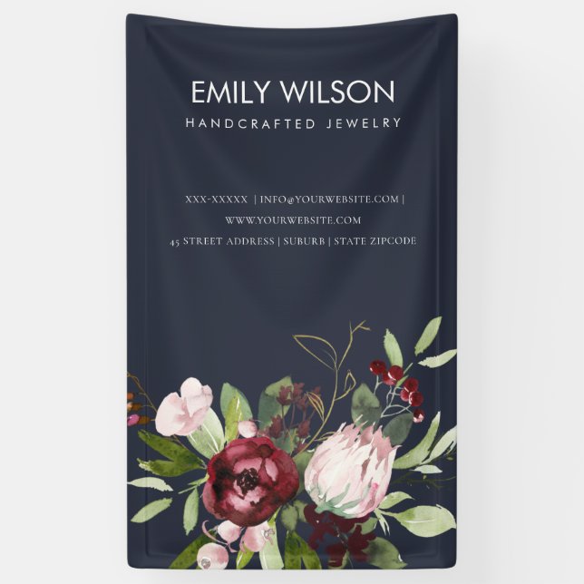BLUSH NAVY BURGUNDY PROTEA FLORAL BUSINESS BANNER (Vertical)