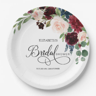 Blush Navy Burguny Marsala Floral Bridal Shower Paper Plate