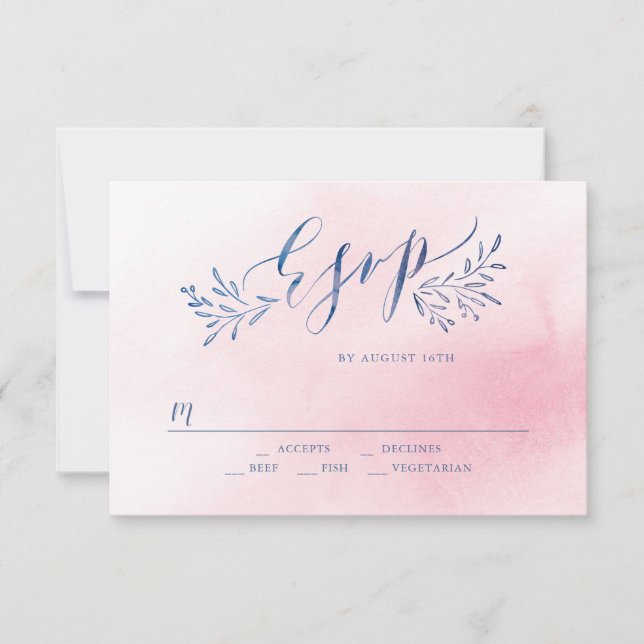 Blush navy calligraphy rustic floral wedding RSVP Card (Front)