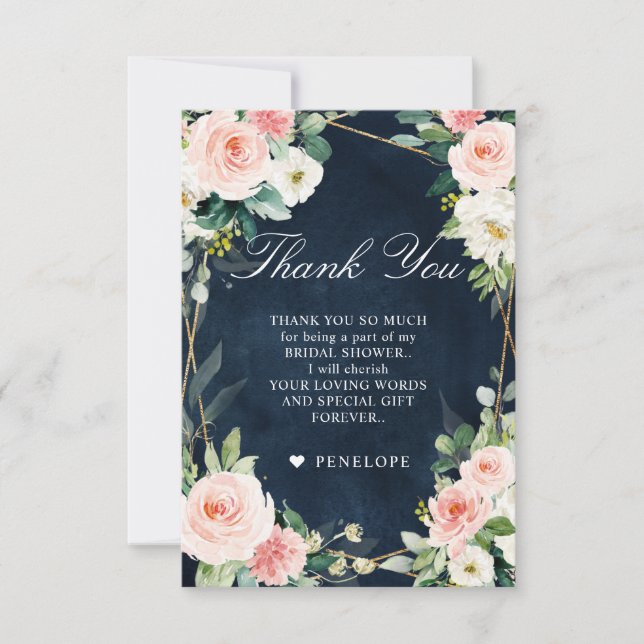 Blush Navy Dusty Blue  Botanical Bridal Shower Thank You Card (Front)