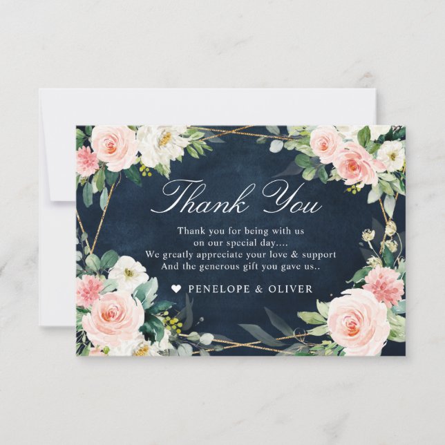 Blush Navy Dusty Blue Floral Botanical Wedding Thank You Card (Front)