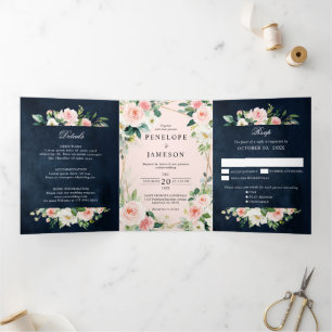 Blush Navy Dusty Blue Floral Geometric Botanical T Tri-Fold Programme