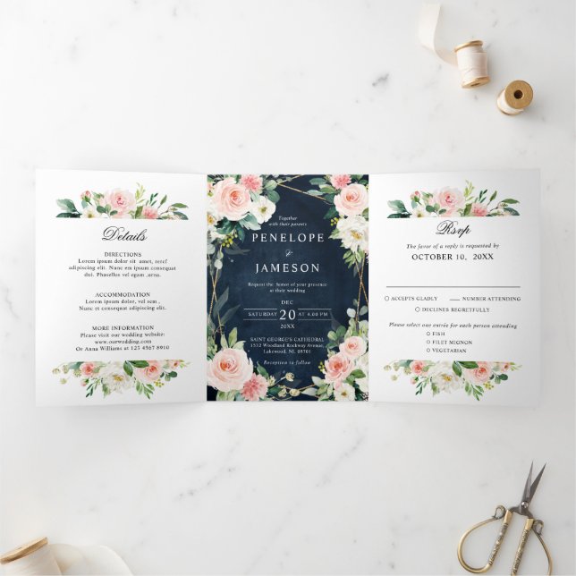 Blush Navy Dusty Blue Floral Geometric Botanical  Tri-Fold Programme (Inside)