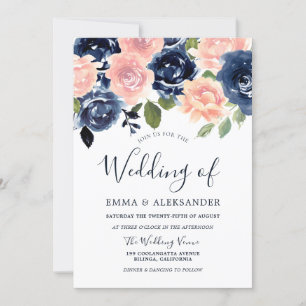 Blush & Navy Elegant Flowers Wedding Invitation