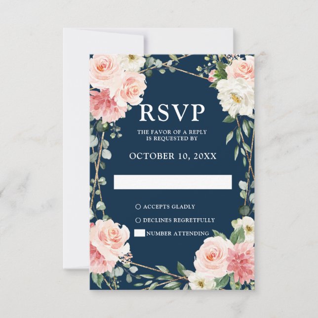 Blush Navy Floral Geometric Botanical Wedding RSVP (Front)
