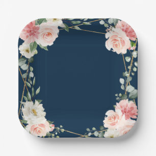 Blush Navy Floral Gold Geometric Botanical Wedding Paper Plate