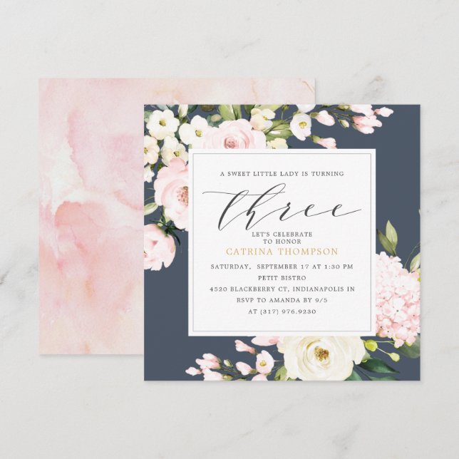 Blush Navy Floral Greenery Girl 3rd Birthday Party Invitation (Front/Back)