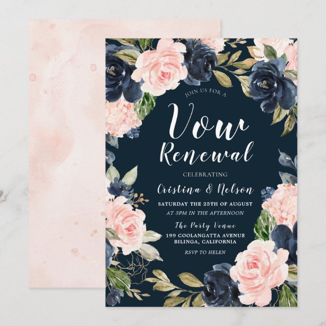 Blush Navy Floral Wreath Vow Renewal Invitation (Front/Back)
