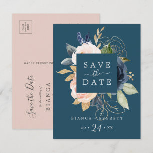 Blush & Navy Flowers Blue Save the Date Postcard