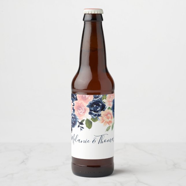Blush & Navy Flowers Wedding Engagement Party Beer Bottle Label (Front)