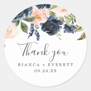 Blush & Navy Flowers White Thank You Favour Sticke Classic Round Sticker