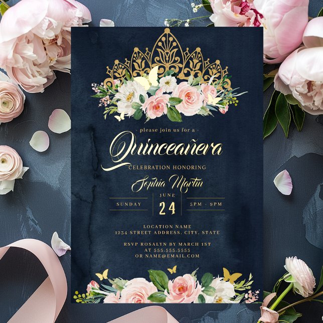Blush Navy Gold Floral Butterfly Tiara Quinceanera (Creator Uploaded)