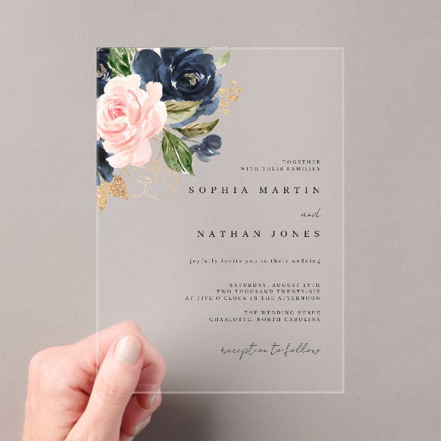 Blush Navy Gold Watercolor Florals Wedding   Acrylic Invitations (Insitu (Handheld))
