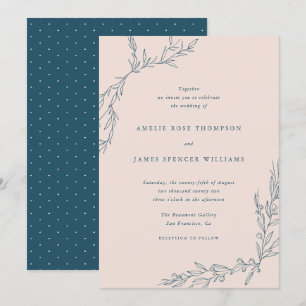 Blush & Navy Hand-drawn Foliage Botanical Wedding Invitation
