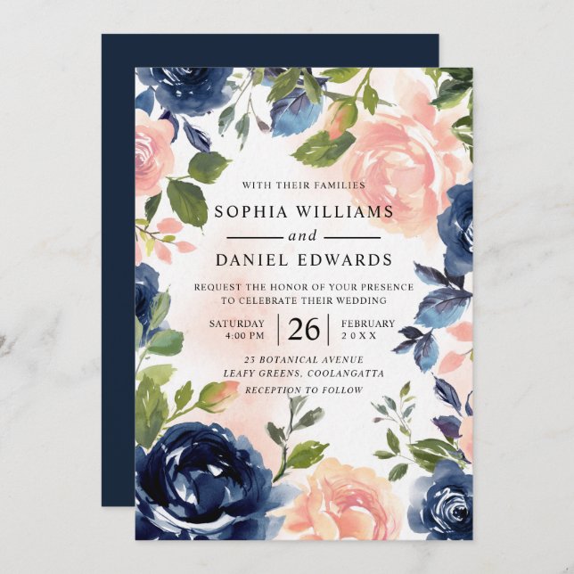 Blush & Navy Hand Painted Watercolor Floral Invitation (Front/Back)