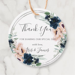 Blush Navy Rose Floral Silver Wedding Thank You Favour Tags