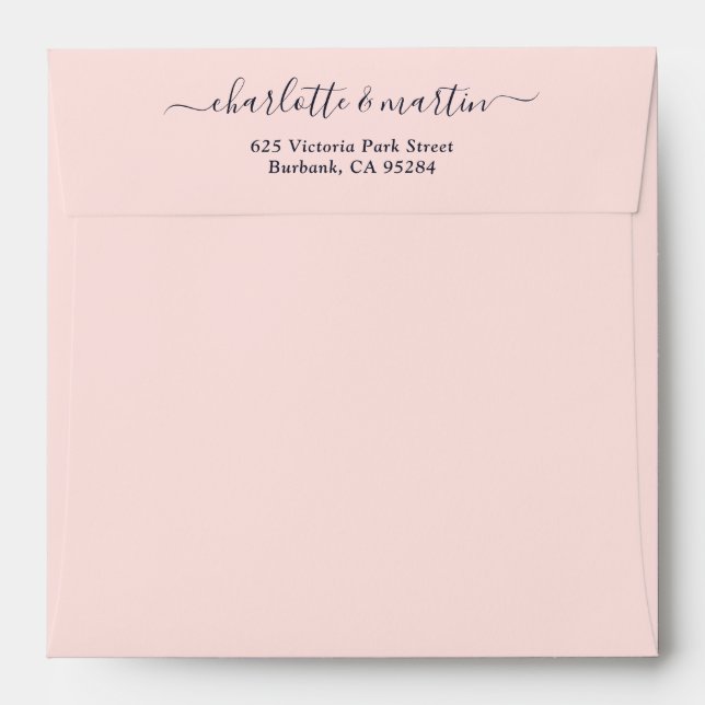 Blush Navy Script Return Address Wedding Square Envelope (Back (Top Flap))