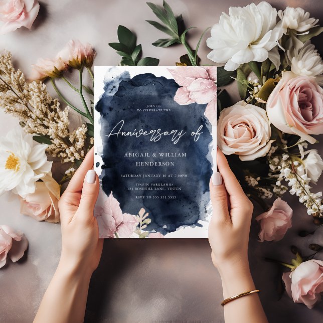 Blush Navy Watercolor All year Wedding Anniversary Invitation (Creator Uploaded)