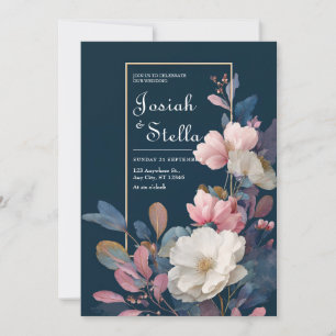 Blush & Navy Watercolor Floral Wedding Invitation