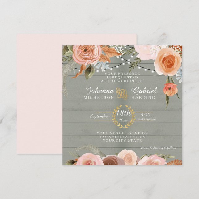 Blush Neutral Floral Rustic Sage Green Wood Leaf Invitation (Front/Back)