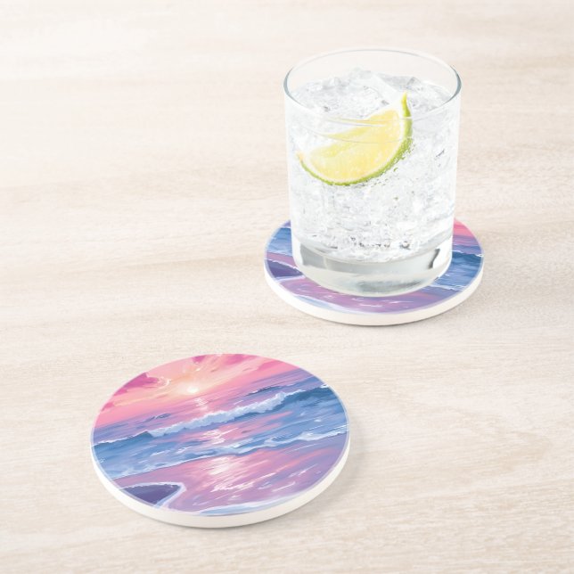 Blush Ocean Sunset Waves Watercolor Coaster (Side)