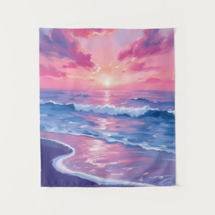 Blush Ocean Sunset Waves Watercolor Tapestry