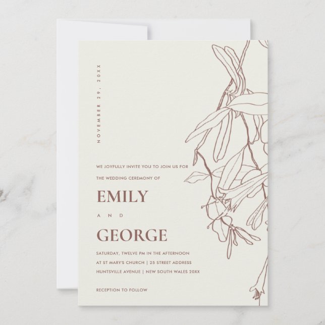 BLUSH OFF WHITE LINE DRAWING FLORAL WEDDING INVITE (Front)