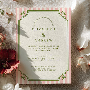 Blush Olive Stripe Preppy Wedding Invitation