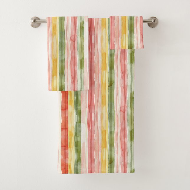 Blush Orange Yellow Green Stripes   Bath Towel Set (Insitu)