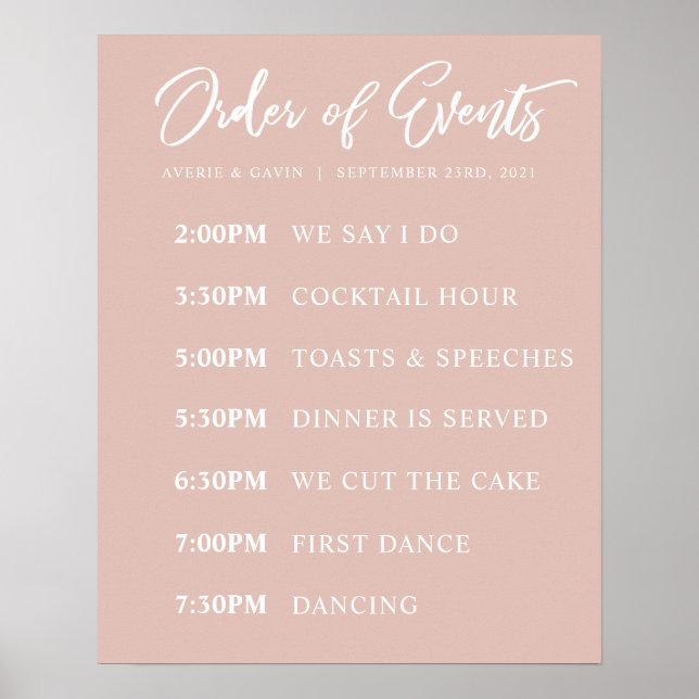 Blush Order of Events Wedding Day Schedule Poster (Front)