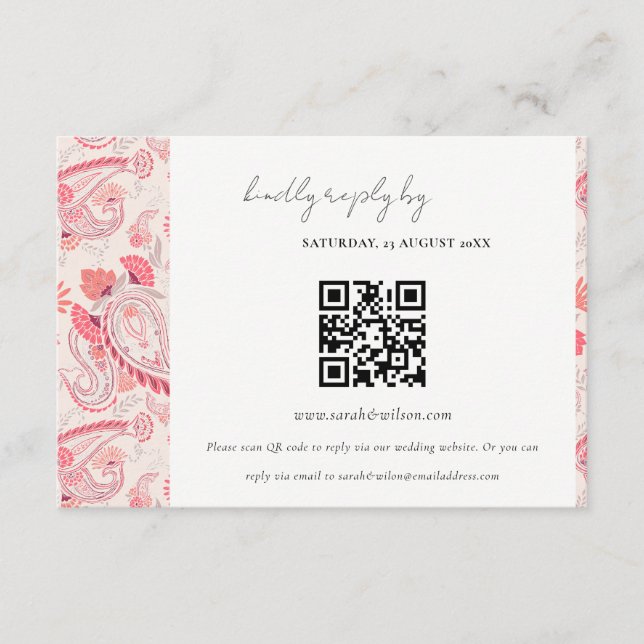 Blush Paisley Typography Wedding RSVP QR Code Enclosure Card (Front)
