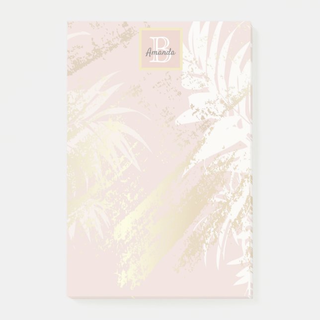 Blush palm leaves gold white monogram post-it notes (Front)
