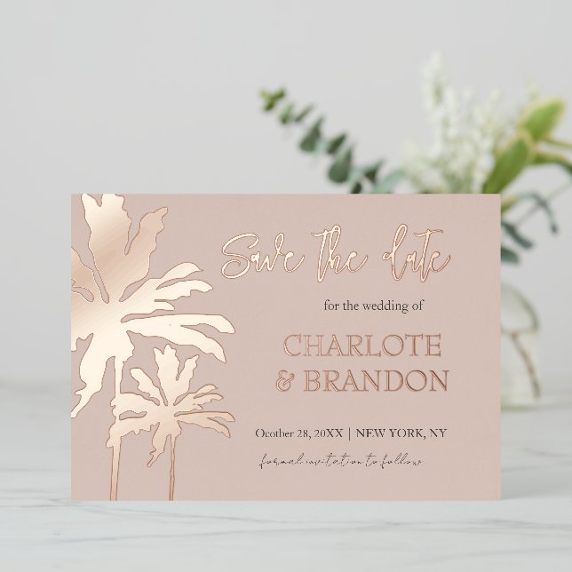 Blush Palm Trees Beach Wedding Save The Date Gold  (Standing Front)