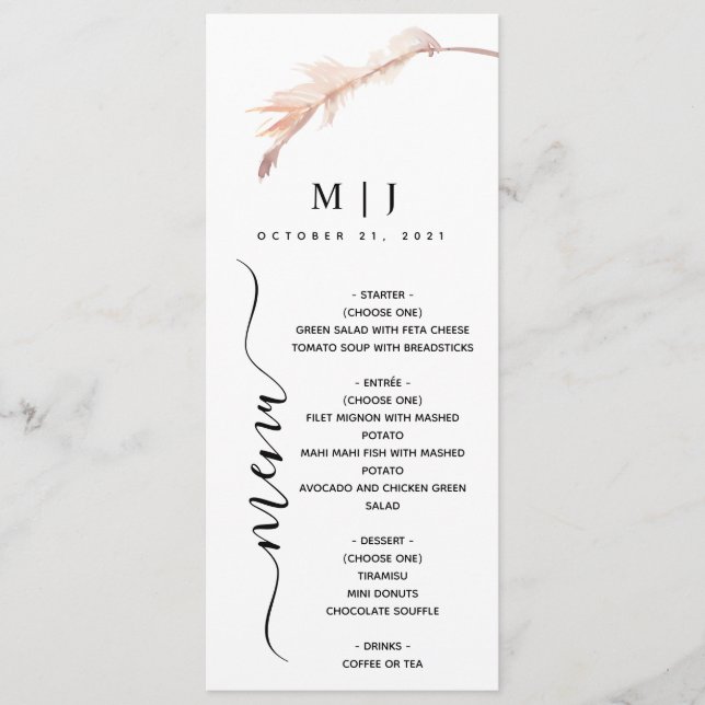 Blush Pampas Grass Minimalist Wedding Menu (Front)