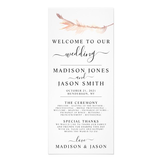 Blush Pampas Grass Minimalist Wedding Program (Front)