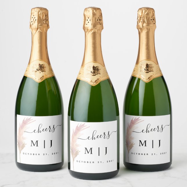 Blush Pampas Grass Minimalist Wedding Sparkling Wine Label (Bottles)