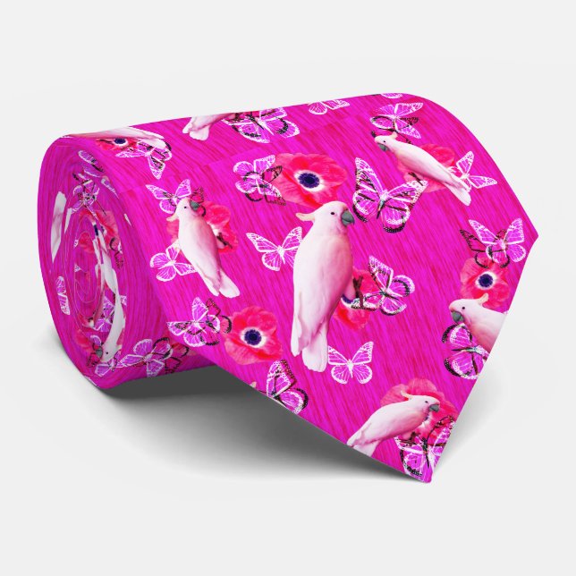 Blush Paradise: Cockatoos and Butterflies Harmony, Tie (Rolled)